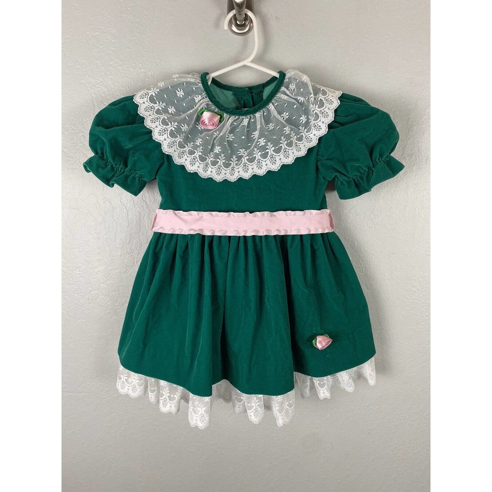 Jolene Jo Lene 4T Vintage Baby Girls Green Pink Velvet Dress Lace Fancy Party